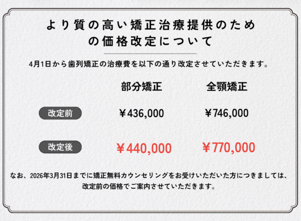 【矯正治療費改定のお知らせ】サムネイル